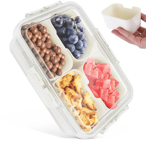ENUTROF Ciotola per Snack con Coperchio Contenitore per Snack con 4 Scomparti Vassoio da Portata Diviso Snack Box per Caramelle, Noci, Snack, Frutta, Spezie, Biscotti, Dessert