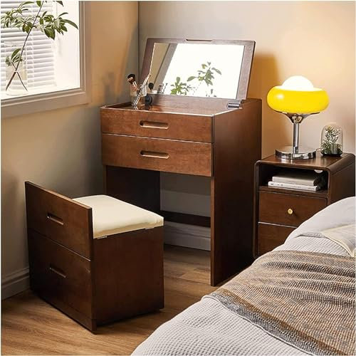 Generisch Schminktisch,Tisch Tisch Walnuss Holz Frisiertisch mit Rollen und 4 Schubladen Make-up-Set mit Flip Top Spiegel Retro Schreibtisch