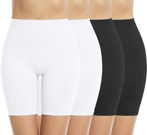 Memoryee 4 Pack Women's Safety Boxer Shorts Leggings Anti Chafing Slip Underwear Seamless Stretchy Panties for Under Dresses and Yoga/Black/Black/White/White-4Pack/S