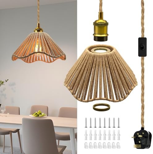 Rustic Plug in Pendant Lighting,Retro Hemp Rope Hanging Lamp with lampshade, 200in Suspended Pendant Light with Brass E27 Lamp Holder,Industrial Plug in Ceiling Light Fixture with Hook Screw,for Home