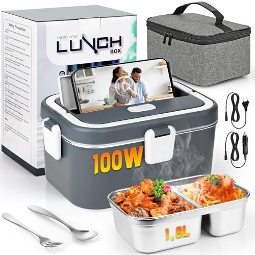 Fiambrera Eléctrica 3 en 1 Calentador de Comida Portatil 80W 12V 24V 220V para Coche Camión y Trabajo Fiambrera Termica Termo Comida Caliente Acero Inoxidable 1.8L Tartera Eléctrica Portatil (BLANCO)