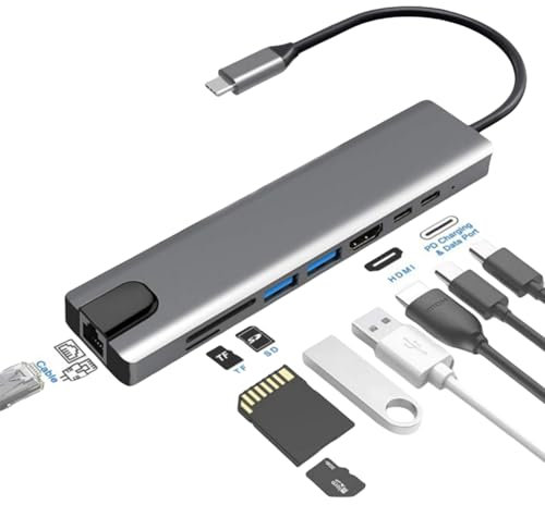 DUO LOONG USB C Hub, HDMI Splitter 8 in 1 Out | Multiport Adapter with 60W PD, 4K HDMI, 2 USB-A Data Ports, USB C, SD/TF 100Mb RJ45 for MacBook, iPhone, Samsung, Sony, iPad