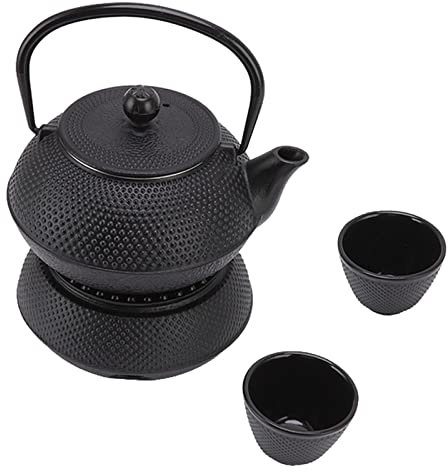 TSLVTA Cast Iron Teapot Set 0.8L Style Tea Kettle with Tea Cups Trivet Leaf Tea Infuser Ceremonial Matcha Iron Tea Set Adult Father Mother Family Black