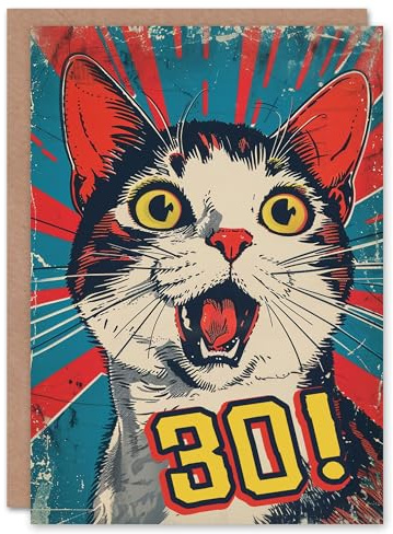 Artery8 Surprise Retro Style Thirty 30 Year Old Cat Lover Blank For Him Or Her Art Birthday Card