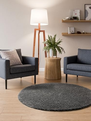 Interiyou Hochflor Teppich Sofia - 120x120 cm Rund Grau - flauschig und einfarbig - waschbar und rutschfest - weicher Langflor