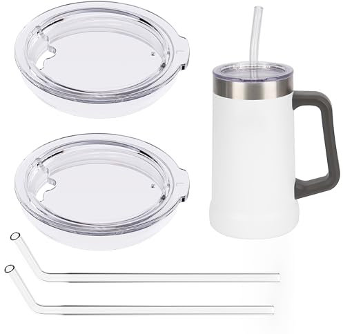 LUVCOSY 2 Sets Cup Lids Replacement with Straws Compatible with Stanley 24oz Beer Steins Beer Mugs, Clear Reusable Tumbler Covers with Sealing Silicone Ring, Drinking Glasses Lid (Mugs NOT Included)