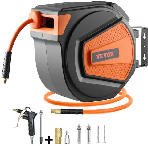 VEVOR Avvolgitubo aria retrattile, tubo dell'aria ibrida da 3/8 pollici x 65 piedi max. 300 PSI, bobina per tubo per compressore d'aria con cavo da 6,6 piedi, supporto in polipropilene