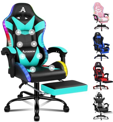 ALFORDSON Sedia da gioco da massaggio con LED, inclinazione di 150°, Sedia ergonomica con poggiapiedi, regolabile in altezza, capacità di carico 180 kg, Ecopelle, Ciano