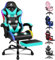 ALFORDSON Sedia da gioco da massaggio con LED, inclinazione di 150°, Sedia ergonomica con poggiapiedi, regolabile in altezza, capacità di carico 180 kg, Ecopelle, Ciano