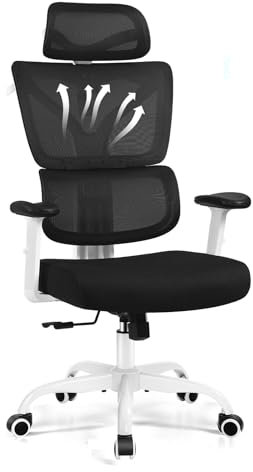 ChaCool Silla de Oficina Ergonómica – Silla de Escritorio con Reposacabezas, Soporte Lumbar y Reposabrazos 3D, Silla Gaming de Malla Transpirable, Silla de Estudio, Sillón Escritorio, Color Blanco