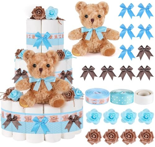 23 Pcs Diaper Cake Kit Baby Shower Bear Diaper Cake Decorations Baby Shower Diaper Cake Supplies Teddy Bear Diaper Cake Set for Birthday Party Supplies Table Centerpiece Decoration (Blue Bear, Large)