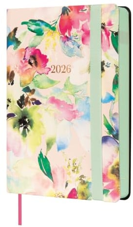 Finocam - Kalender 2026, 1 Tag Seite, Januar - Dezember (12 Monate), Jahresplaner 2026, mit Gummizug und Punktband, weicher Einband Flexi Joy, Bloom, Spanisch