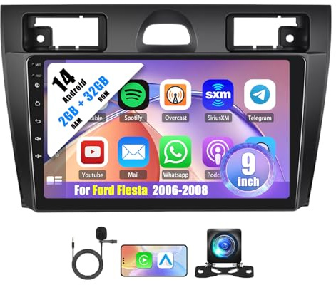 Android 14 Car Stereo for Ford Fiesta 2006-2008, 2DIN with carplay Android Auto 9in Touch Screen GPS Navi Wifi Bluetooth FM/RDS Mirror Link SWC Backup Camera, 2+32G