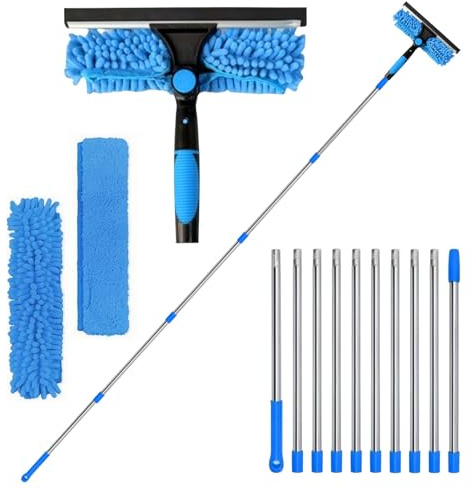 Kottwca 4,5M Fensterwischer - 2 - in - 1 Professioneller Fensterreiniger Set mit Teleskopstange - Ideal für Innen & Außen, Hochfenster, Wand, Auto - Mit Gummiwischer und Mikrofasertuch, Blau