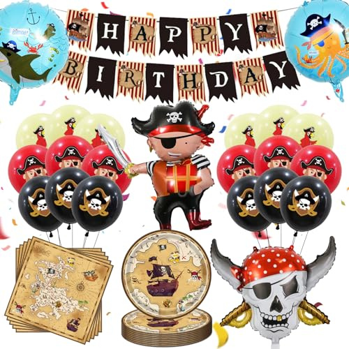 Fizdoqg Piraten Deko Geburtstag Pirate Luftballons Piraten Geburtstagsdeko | mit Luftballons Servietten Pappteller für Geburtstag, Partydeko, Pirate Tisch Deko