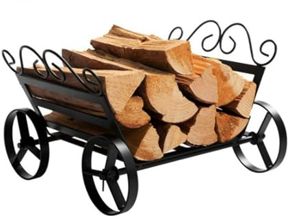 D·Philok Decorative Black Iron Firewood Cart, Fireplace Log Holder with Wheels, Indoor Outdoor Wood Storage Rack, 22 x 11.8 x 16.7 Inches