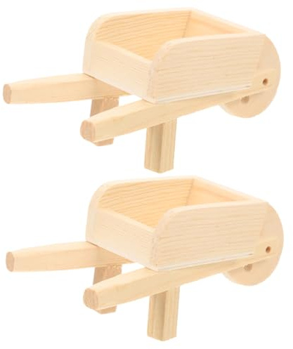 GARVALON Miniature Wooden Cart Wheelbarrows for Dollhouse, 2pcs Natural Color Mini Barrows Models, Decorative Micro Landscape Garden Accessories for Dollhouse Play and Home Display
