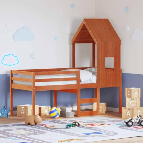 Owoxanthellate Hochbett mit Dach Kiefer massiv Wachsbraun 90x200 cm Modernes Design mit integrierter Leiter platzsparendes Kindermöbel für kleine Räume und Spielzimmer