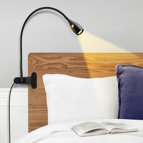 acegoo Minimalistische Leselampe mit Clip für das Kopfteil des Bettes, dimmbare Buchleuchte, 3000 K/Bernsteinlicht mit USB-C-Adapter, flexibler Gänsehals und praktischer Kopfschalter