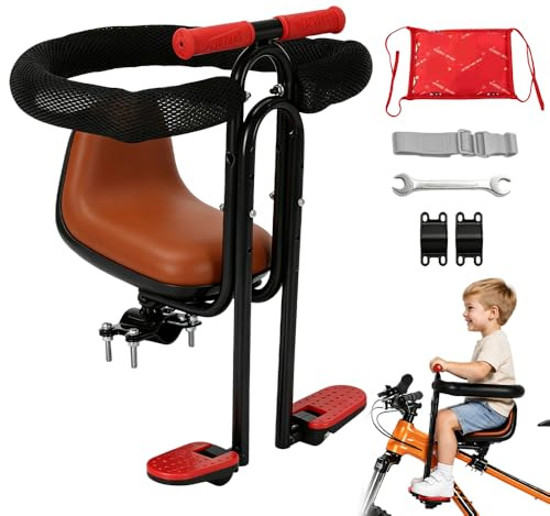 XPJBKC Siege Velo Enfant Avant, Confortable Siège De Vélo pour Enfant, Grille Protection Intégrale Réglable Siege Bebe Velo, Siège Bébé Avant VTT & Vélos Pliants, Marron