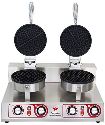 Beeketal 'BWA-2' Profi Gastro Doppel Waffeleisen mit antihaftbeschichteten Backplatten (2 x 4 geteilt rund), Waffelautomat für belgische Waffeln mit Edelstahl Gehäuse, 50-300 °C stufenlos