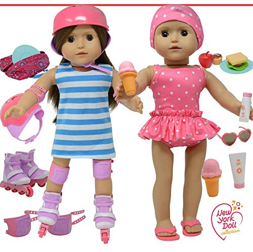 The New York Doll Collection Puppen Zubehör passt 18 Zoll / 46cm Puppen - Beinhaltet Rollschuhe und Badeanzug Badeset für Mode Mädchen Puppen - Puppenkleidung und viele Mehr Zubehör