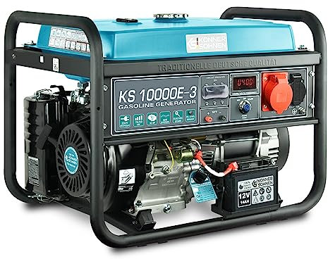 Könner & Söhnen KS 10000E-3 Generador motor de gasolina de 4 tiempos de 18 CV, E-start, regulador automático de tensión, pantalla, 1x16A (400V), 1x16A (230V)