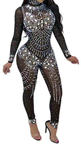 Sedrinuo Damen-Club-Outfits, langärmelig, figurbetont, hoher Halsausschnitt, glitzernde Strass-Steine. - Schwarz - Mittel