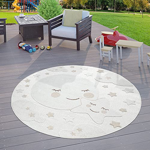 TT Home Kinderzimmer Outdoor Teppich Kinder Rund Spielteppich 3D Optik Mond Beige, Größe:160 cm Rund