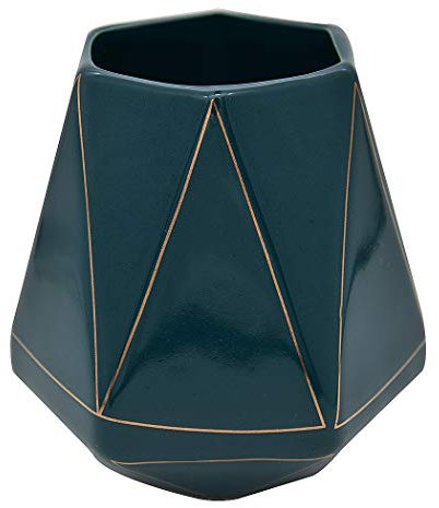 SIPLIV Pot à crayons en céramique avec ligne dorée - Organiseur de bureau pour pinceaux de maquillage - Pour bureau, salle de classe, maison - Modèle géométrique, vert foncé