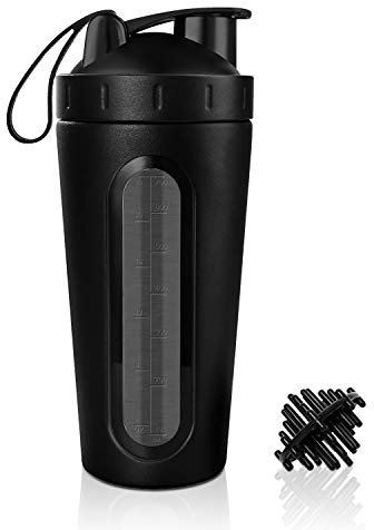 FSYEU Eiweiß Shaker, Protein Shaker Edelstahl Flasche Fitness Becher, Fitness Mixer Bottle Auslaufsicher BPA Frei, Sport Wasserflasche mit Shaker Ball, für Gym Nutrition Fitness, 750ml (Schwarz)