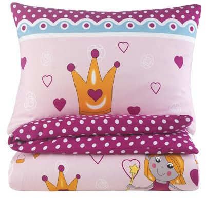 BaSaTex Kinder Baby Bettwäsche Set für Mädchen und Jungen | 100x135 cm + 40x60 cm | 100% Polyester Mikrofaser | Reißverschluss | Prinzessin - Einhorn – Herzen | rosa