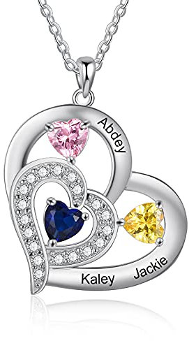Personalisierte Namenskette Halskette für Damen Herz Anhänger Halskette mit 1-6 Geburtsstein Gravur Mutter Tochter Kette Geschenk für Muttertag Valentinstag Weihnachten