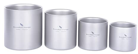 iBasingo Titan Becher Outdoor Camping Faltbare Reisebecher 4 in 1 120ml 180ml 300ml 450ml Doppelwandige Isolierte Tasse Kaffee Trinkgeschirr Leichtes Geschirr für Täglich Gebrauchtes Wandern Ti3032D