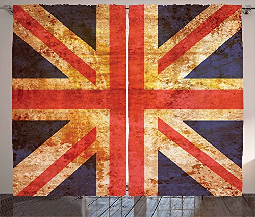 ABAKUHAUS England Rustikaler Vorhang, Union Jack Motiv Grunge, Wohnzimmer Universalband Gardinen mit Schlaufen und Haken, 280 x 245 cm, Night Blue Vermilion