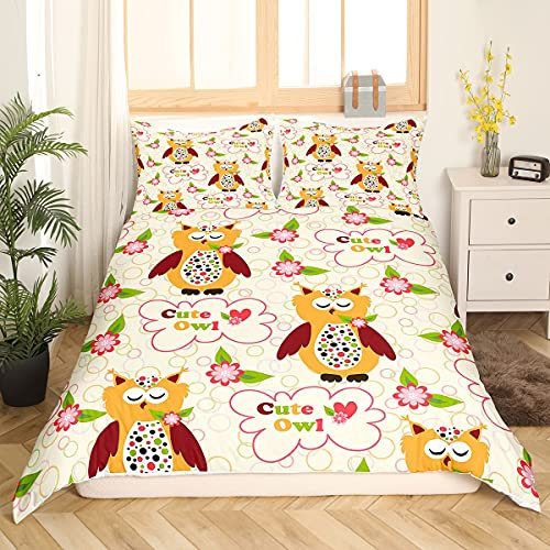 Homemissing Kinder Karikatur Eule Bettwäsche Set 135x200cm Niedlich Eulen Blumendruck Bettbezug Set für Mädchen Kinder Schlafzimmer Boho Wildtier Vogel Dekor Betten Set Blumen Kreis