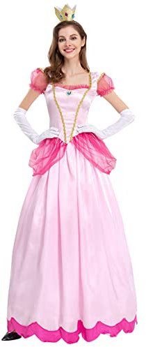 IDOPIP Robe Super Mario Princess Peach pour Femme, Déguisement Princesse Pêche Adulte avec Couronne pour Cosplay de Carnaval d'halloween Rose L