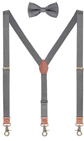 WANYING 2,5cm Hosenträger Fliege Sets für Damen Herren | Y Form Retro PU Leder Hummer Verschluss Hosenträger Elastisch Verstellbar für Körpergröße 150-200cm - Einfarbig Dunkelgrau