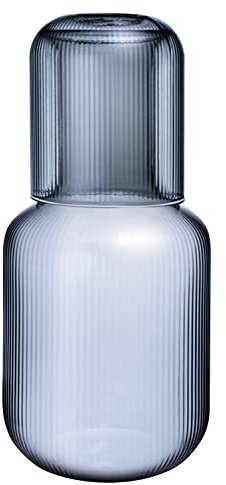 Sizikato 25 Oz Gray Striped Glass Bedside Night Water Carafe with Tumbler Glass.