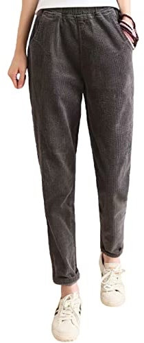 Himifashion Damen Freizeithose Herbst Winter Cordhose Elastische Taille Warme Hose, grau, L