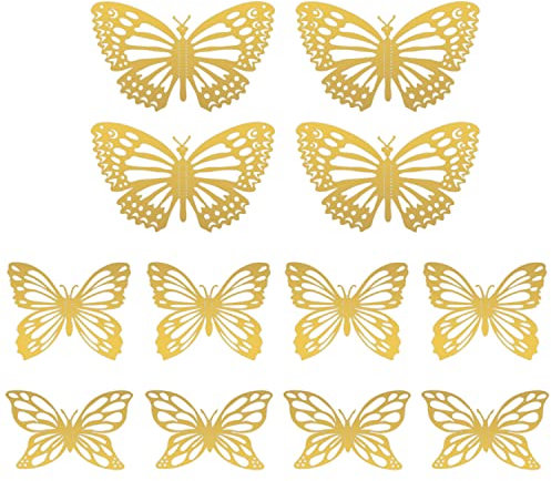 ALLY-MAGIC 3D Butterfly Cupcake Toppers 12 Pcs Butterfly Cake Decorations Mixed Size Gold Hollow Butterfly Cake Toppers for Birthday Wedding Party Wall Decoration Y4-FZHDZS ((D-Gold)