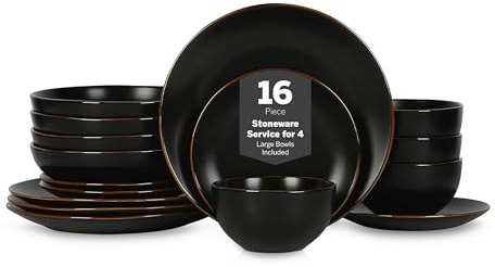 Stone Lain Brasa Stoneware 16 Piece Modern Dinnerware Set, Plates and Bowls, Service for 4, Black, Microwave & Dishwasher Safe