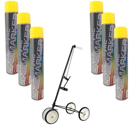 6x Yellow Floor Line Marker Spray Paint & 1x 4 Wheel Line Marker Spray Paint Applicator.For Schools, Sports Surfaces, Industrial marking,Safety Marking (Yellow Aerosols x6 & x1 4 Wheel Applicator)