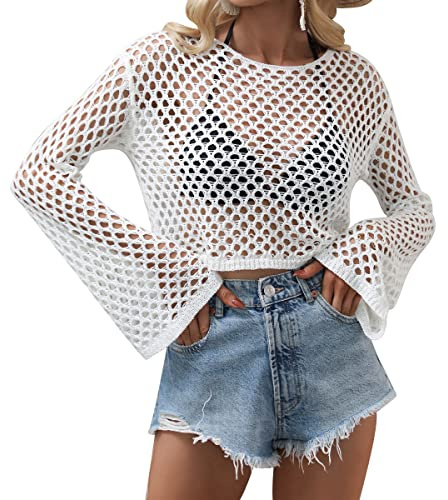 Odizli Netzoberteil Damen Netzshirt 2000er Y2K Kleidung Vintage Sexy Mesh Häkeltop Langarm Crochet Top Crop Tops Pullover Teenager Mädchen Sommer Streetwear Festival Rave Techno Outfit Weiß L