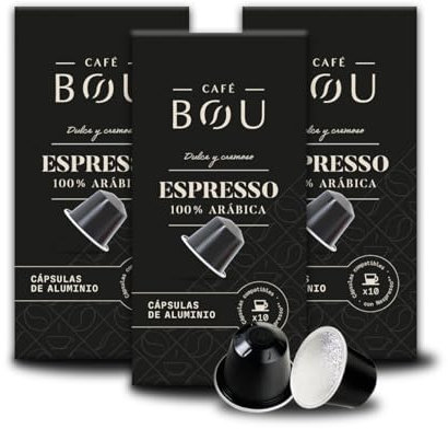 Café BOU - Capsules de Café Espresso 100% Arabica | Intensité Moyenne | Compatibles | Café au parfum de chocolat et de noisette | 3 boîtes x 10 capsules (30 capsules)