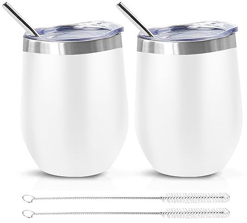QUTHZZHY Vasos de Vino de Acero Inoxidable, 2pcs Taza Termica 350mL, con Tapa y Cepillo para Pajita, Mantiene 6 Horas Caliente/10 h Frío, Doble Pared, para uso Familiar al Aire Libre de Picnic