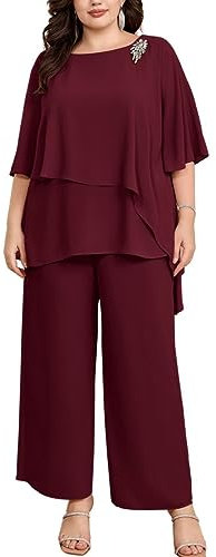 Hanna Nikole Hosenanzug Damen Große Größen Komfortabel Gefüttert Festlich Hosenanzug Elegant Hohe Taille Sommer Vintage 2-Teiliges Set Party Cocktail Hochzeit Lange Hose Weinrot 48