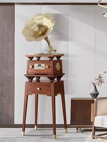 MegLob Retro Vinyl Record Player, Rosewood Vinyl Music Player, Player with Vinyl Record Rack, Vinyl Record Player with Large Brass Horn, 33/45 Rpm LP Gramophone, Music Player with Radio/Speaker