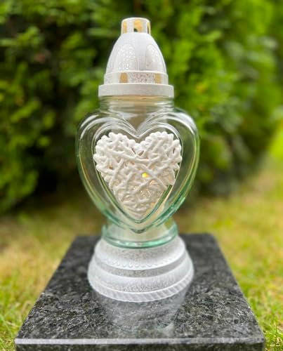 Grablampe mit Herz Motiv Grablicht Grableuchte Grablaterne 27 H. cm Grabdekoration inkl. 1 x Grabkerze Gratis NEU NEU
