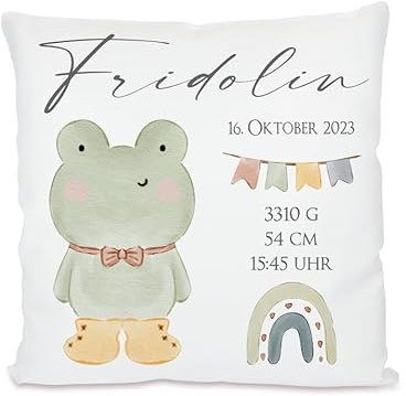Manufaktur Liebevoll personalisiertes Kissen zur Geburt | Geschenk mit Namen für Mädchen und Jungen | Kissen mit Geburtsdaten für Neugeborene | Personalisiertes Geschenk zur Geburt (Motiv Frosch)
